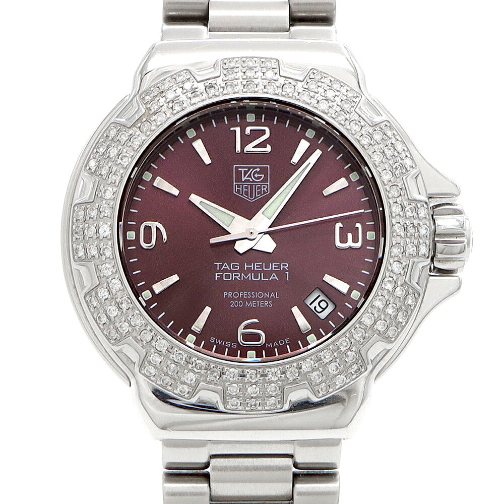 電池交換済 TAG Heuer タグホイヤー フォーミュラ1 ダイヤベゼル WAC1219 ダイヤモンド デイト 200m防水 紫 パープル SS ステンレス レディース クォーツ フォーミュラー1【6ヶ月保証】【腕時計】【中古】