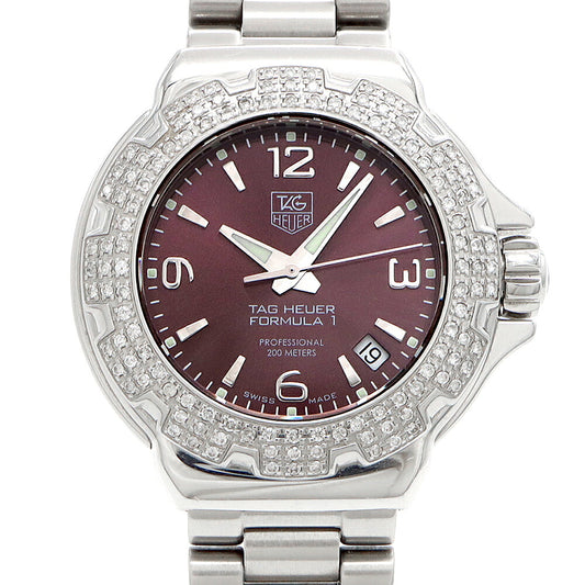 電池交換済 TAG Heuer タグホイヤー フォーミュラ1 ダイヤベゼル WAC1219 ダイヤモンド デイト 200m防水 紫 パープル SS ステンレス レディース クォーツ フォーミュラー1【6ヶ月保証】【腕時計】【中古】