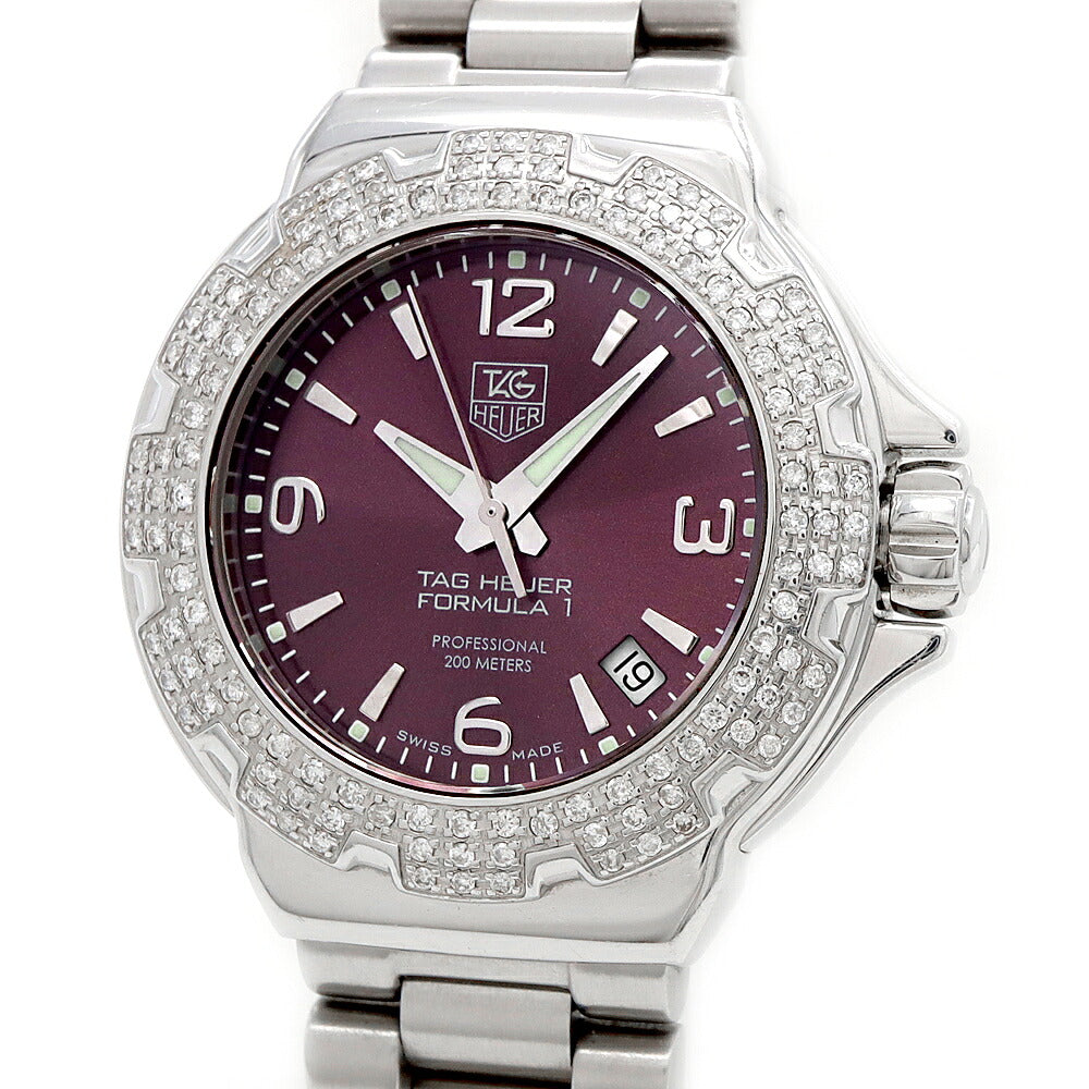 電池交換済 TAG Heuer タグホイヤー フォーミュラ1 ダイヤベゼル WAC1219 ダイヤモンド デイト 200m防水 紫 パープル SS ステンレス レディース クォーツ フォーミュラー1【6ヶ月保証】【腕時計】【中古】