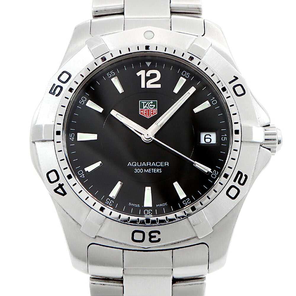 電池交換済 TAG Heuer タグホイヤー アクアレーサー WAF1110 デイト 300ｍ防水 黒 ブラック SS ステンレス メンズ クォーツ【6ヶ月保証】【腕時計】【中古】