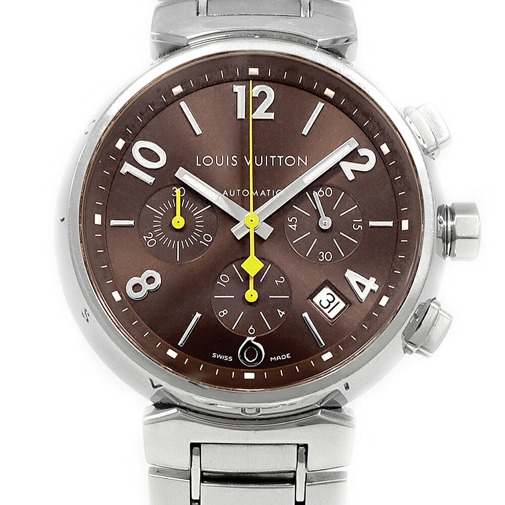 LOUIS VUITTON ルイヴィトン タンブール クロノグラフ Q1121 Q11212 デイト 100m防水 茶 ブラウン SS ステンレス メンズ 自動巻き【6ヶ月保証】【腕時計】【中古】