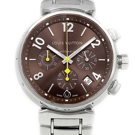LOUIS VUITTON ルイヴィトン タンブール クロノグラフ Q1121 Q11212 デイト 100m防水 茶 ブラウン SS ステンレス メンズ 自動巻き【6ヶ月保証】【腕時計】【中古】