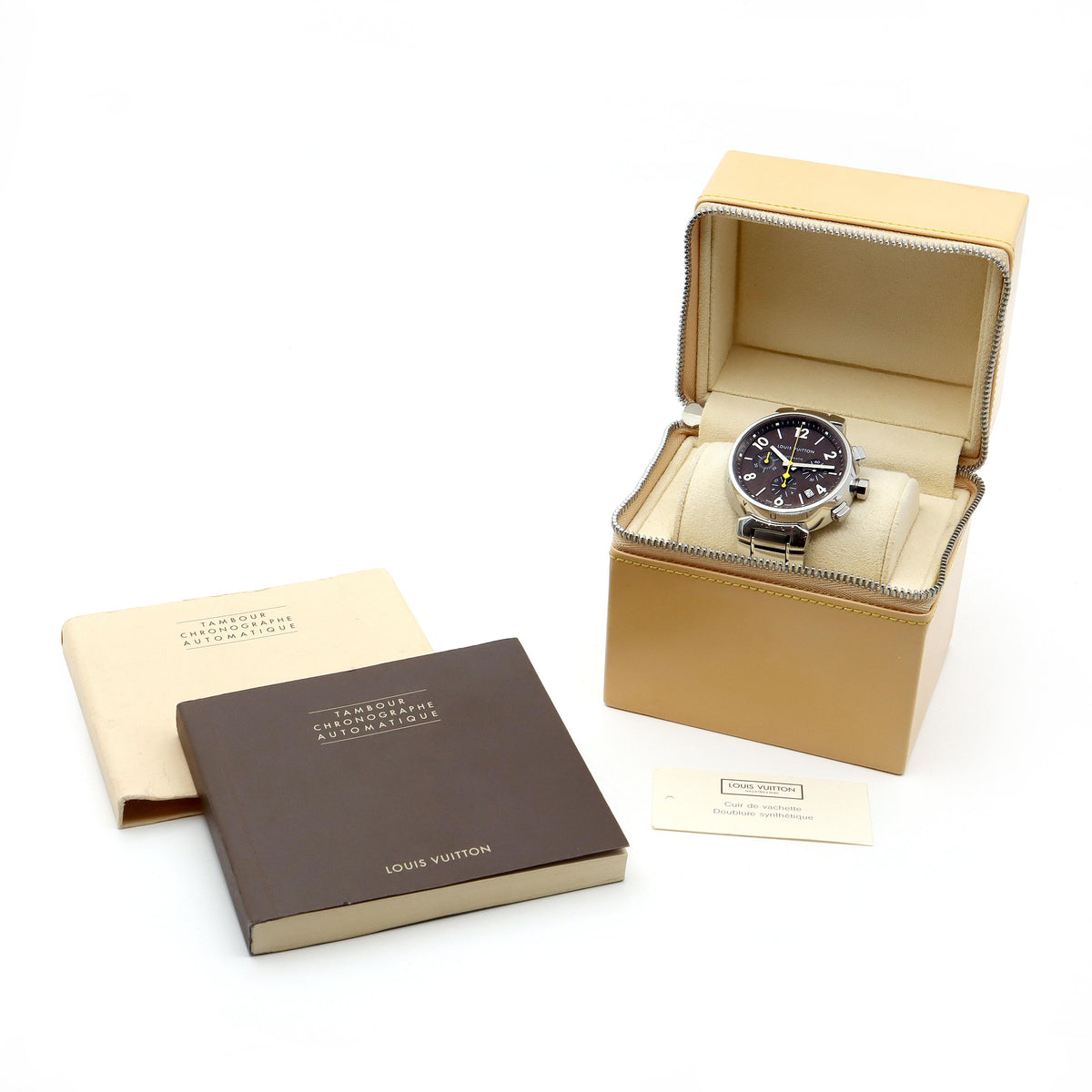 LOUIS VUITTON ルイヴィトン タンブール クロノグラフ Q1121 Q11212 デイト 100m防水 茶 ブラウン SS ステンレス メンズ 自動巻き【6ヶ月保証】【腕時計】【中古】