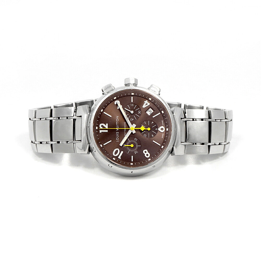 LOUIS VUITTON ルイヴィトン タンブール クロノグラフ Q1121 Q11212 デイト 100m防水 茶 ブラウン SS ステンレス メンズ 自動巻き【6ヶ月保証】【腕時計】【中古】