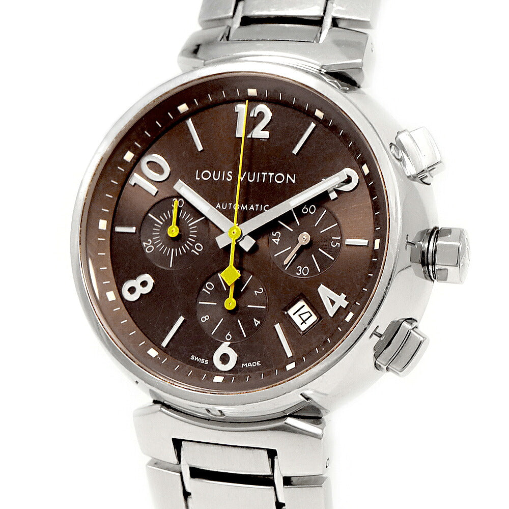 LOUIS VUITTON ルイヴィトン タンブール クロノグラフ Q1121 Q11212 デイト 100m防水 茶 ブラウン SS ステンレス メンズ 自動巻き【6ヶ月保証】【腕時計】【中古】