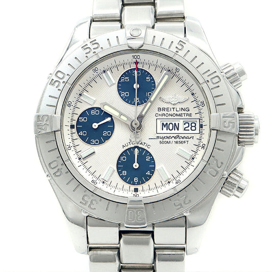 BREITLING ブライトリング スーパーオーシャン クロノグラフ A13340 デイデイト 500m防水 シルバー 青 ブルー SS ステンレス メンズ 自動巻き【6ヶ月保証】【腕時計】【中古】