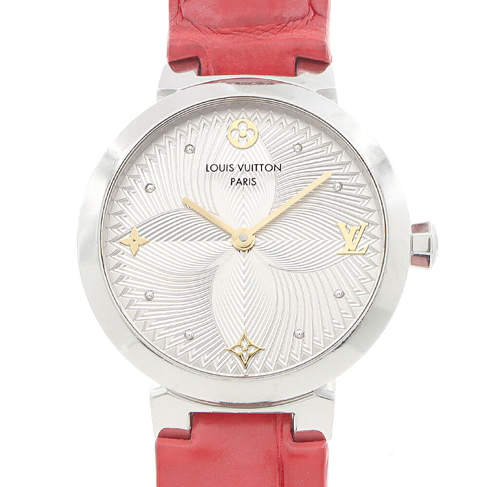 電池交換済 LOUIS VUITTON ルイヴィトン タンブール スリム メタリックフラワー QA014Z 50m防水 シルバー SS ステンレス 純正ベルト 純正尾錠 レディース クォーツ【6ヶ月保証】【腕時計】【中古】
