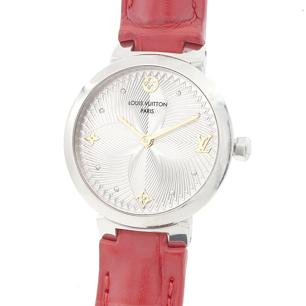 電池交換済 LOUIS VUITTON ルイヴィトン タンブール スリム メタリックフラワー QA014Z 50m防水 シルバー SS ステンレス 純正ベルト 純正尾錠 レディース クォーツ【6ヶ月保証】【腕時計】【中古】
