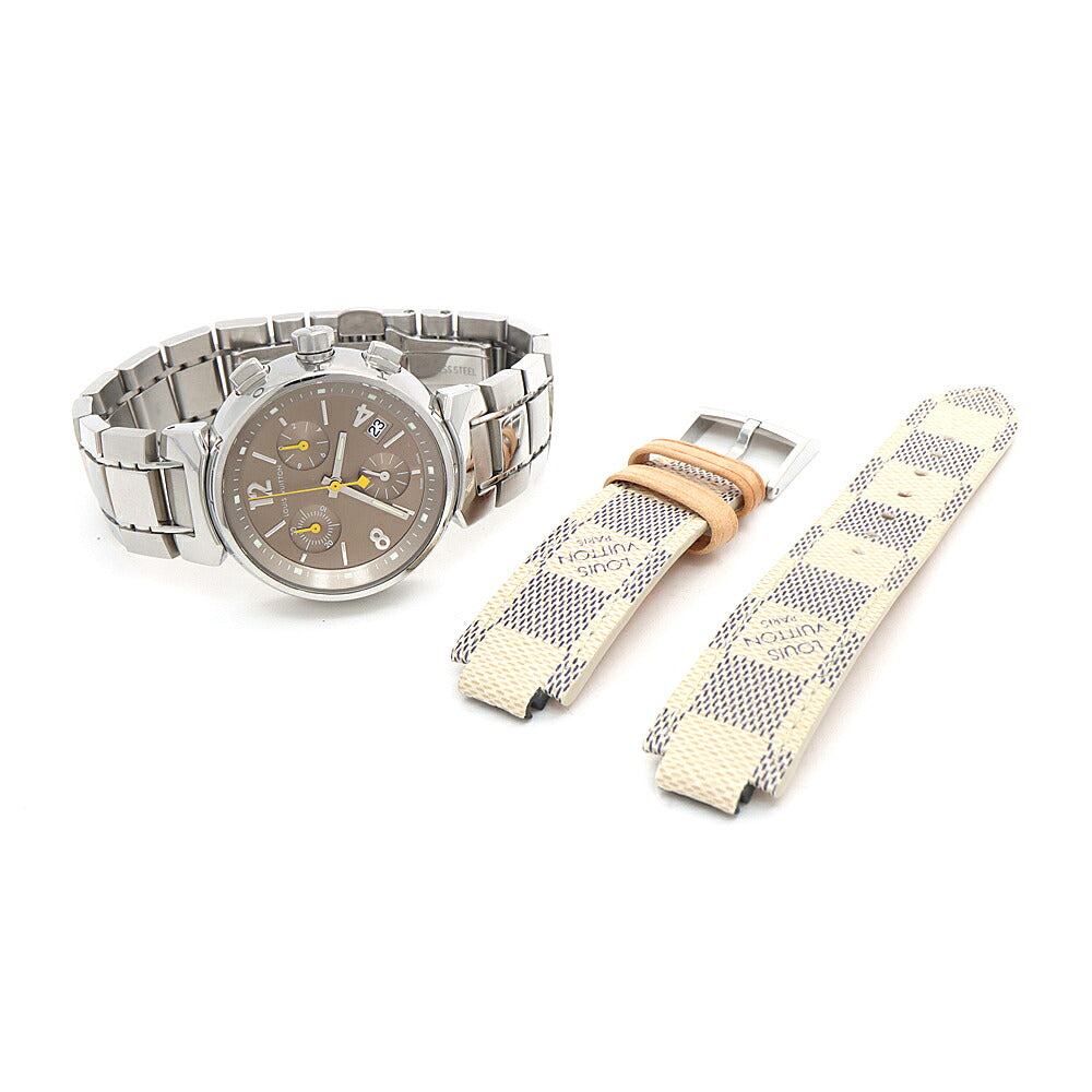 電池交換済 LOUIS VUITTON ルイヴィトン タンブール クロノグラフ Q1322 デイト 100m防水 茶 ブラウン SS ステンレス メンズ レディース ボーイズ クォーツ【6ヶ月保証】【腕時計】【中古】