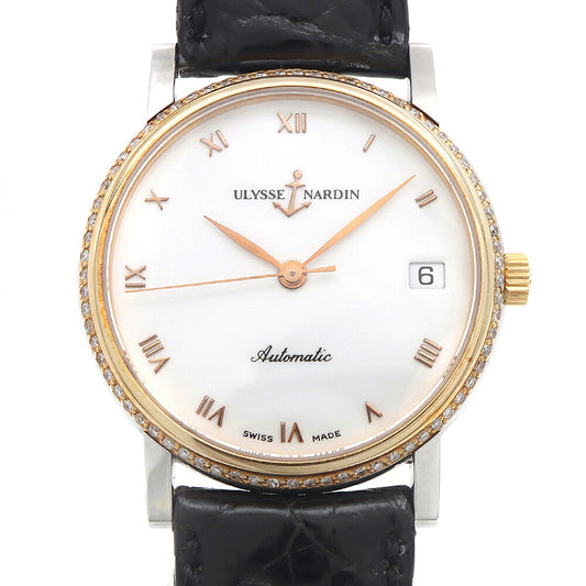 ULYSSE NARDIN ユリスナルダン サンシアー ダイヤベゼル 135-22 ダイヤモンド デイト 白 ホワイト SS ステンレス GP ゴールド コンビ 純正ベルト 純正尾錠 メンズ 自動巻き【6ヶ月保証】【腕時計】【中古】