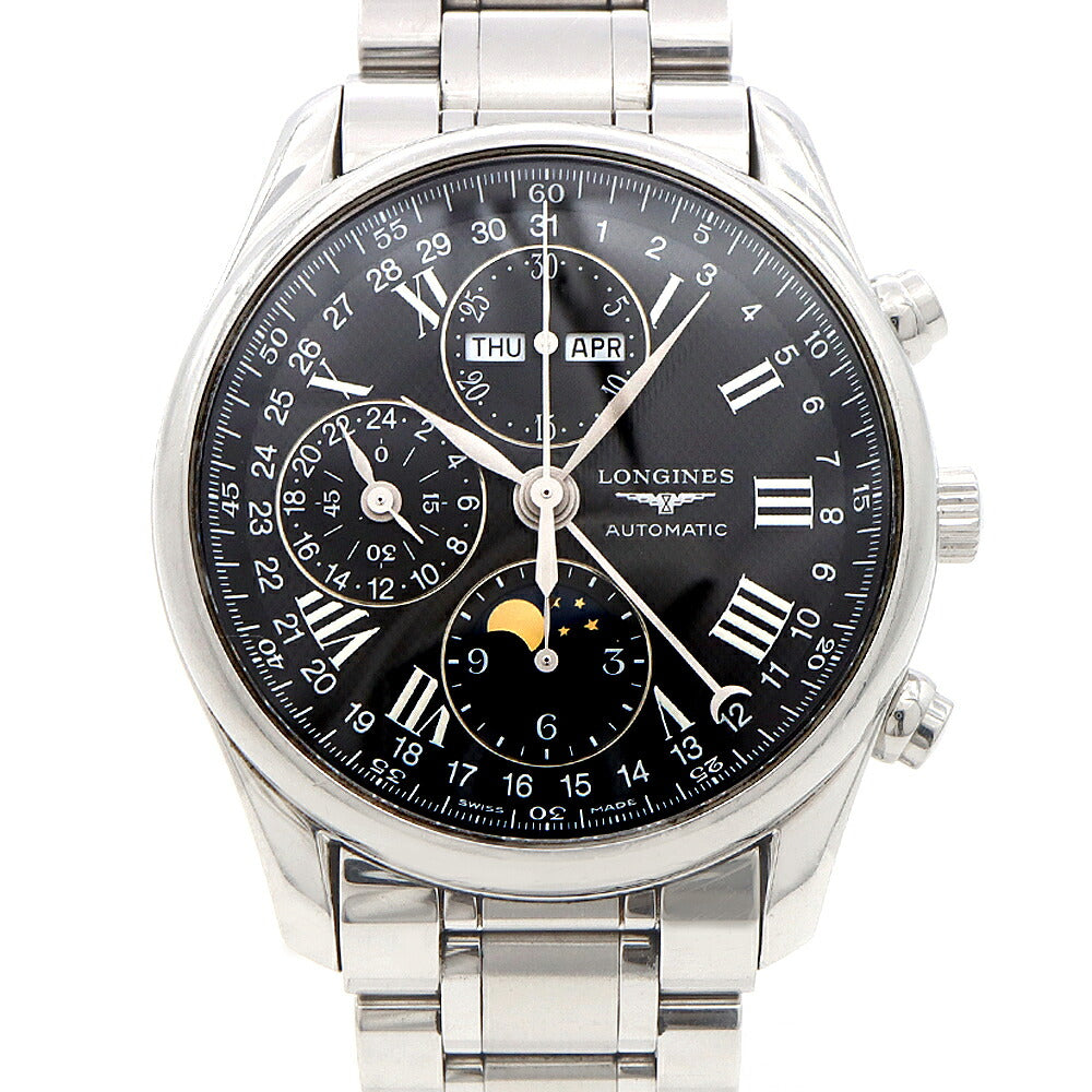 LONGINES ロンジン マスターコレクション クロノ ムーンフェイズ L2.673.4 クロノグラフ 30m防水 トリプルカレンダー 裏スケ 黒 ブラック SS ステンレス メンズ 自動巻き【6ヶ月保証】【腕時計】【中古】