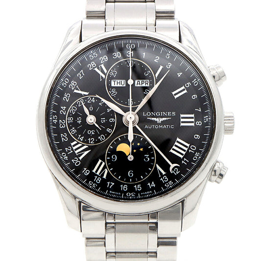 LONGINES ロンジン マスターコレクション クロノ ムーンフェイズ L2.673.4 クロノグラフ 30m防水 トリプルカレンダー 裏スケ 黒 ブラック SS ステンレス メンズ 自動巻き【6ヶ月保証】【腕時計】【中古】