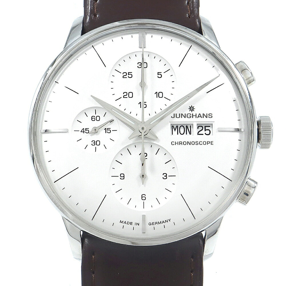 JUNGHANS ユンハンス マイスター クロノスコープ 027/4120.01 クロノグラフ デイデイト 裏スケ 30m防水 シルバー SS ステンレス 純正ベルト 純正尾錠 メンズ 自動巻き【6ヶ月保証】【腕時計】【中古】