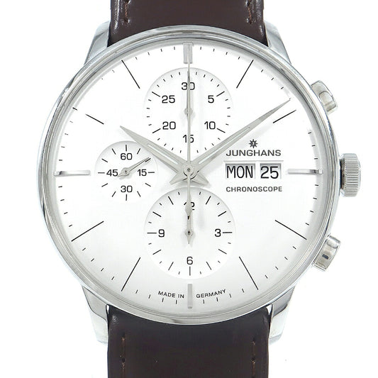 JUNGHANS ユンハンス マイスター クロノスコープ 027/4120.01 クロノグラフ デイデイト 裏スケ 30m防水 シルバー SS ステンレス 純正ベルト 純正尾錠 メンズ 自動巻き【6ヶ月保証】【腕時計】【中古】