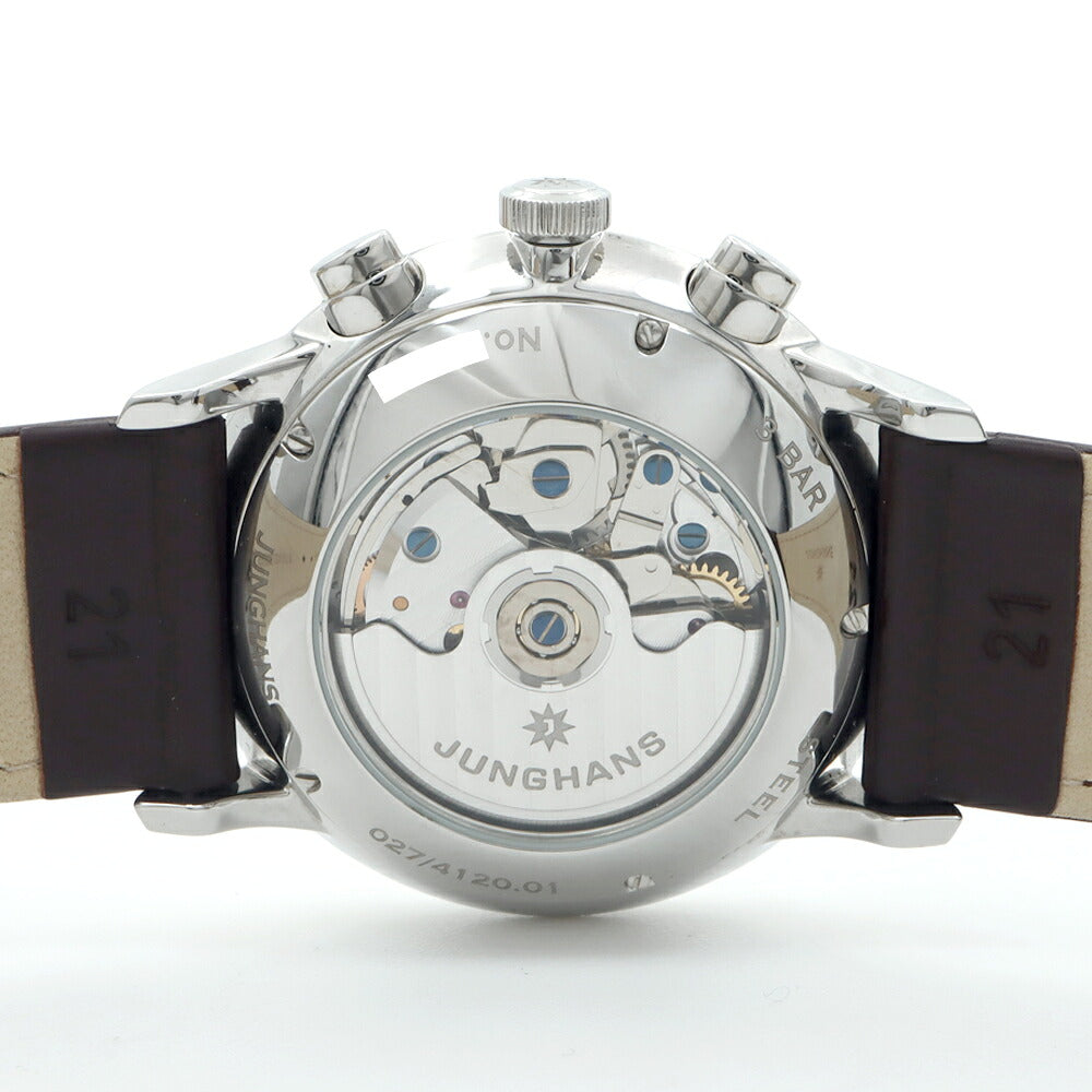 JUNGHANS ユンハンス マイスター クロノスコープ 027/4120.01 クロノグラフ デイデイト 裏スケ 30m防水 シルバー SS ステンレス 純正ベルト 純正尾錠 メンズ 自動巻き【6ヶ月保証】【腕時計】【中古】