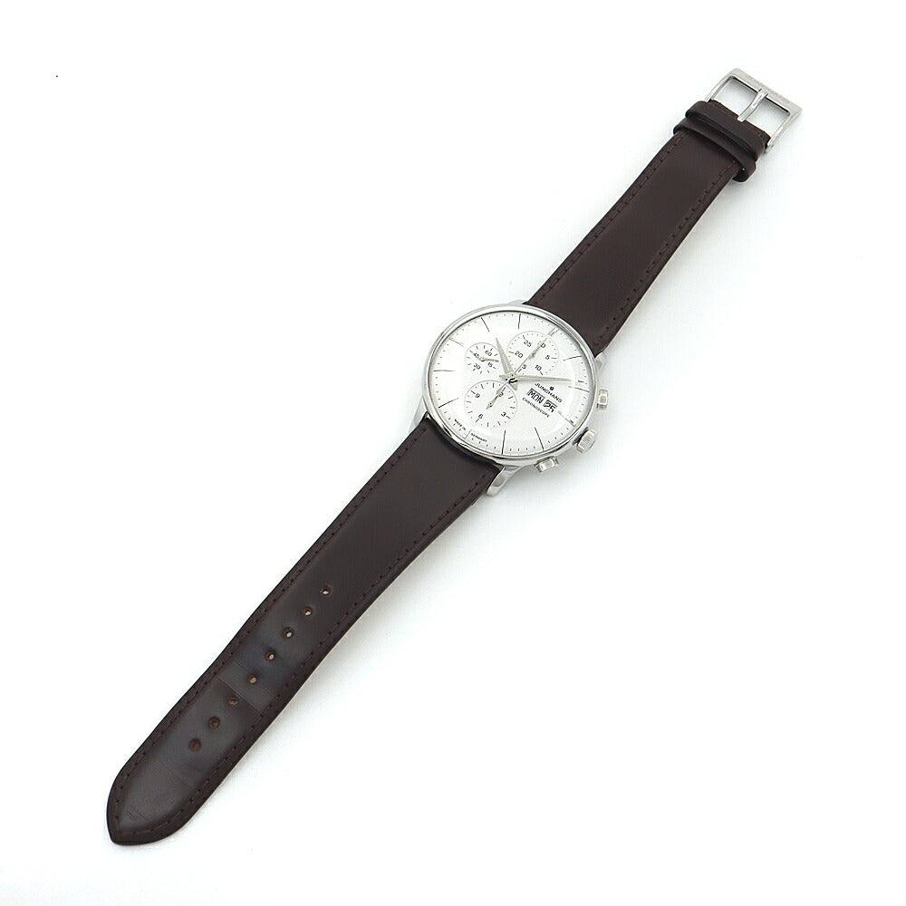 JUNGHANS ユンハンス マイスター クロノスコープ 027/4120.01 クロノグラフ デイデイト 裏スケ 30m防水 シルバー SS ステンレス 純正ベルト 純正尾錠 メンズ 自動巻き【6ヶ月保証】【腕時計】【中古】