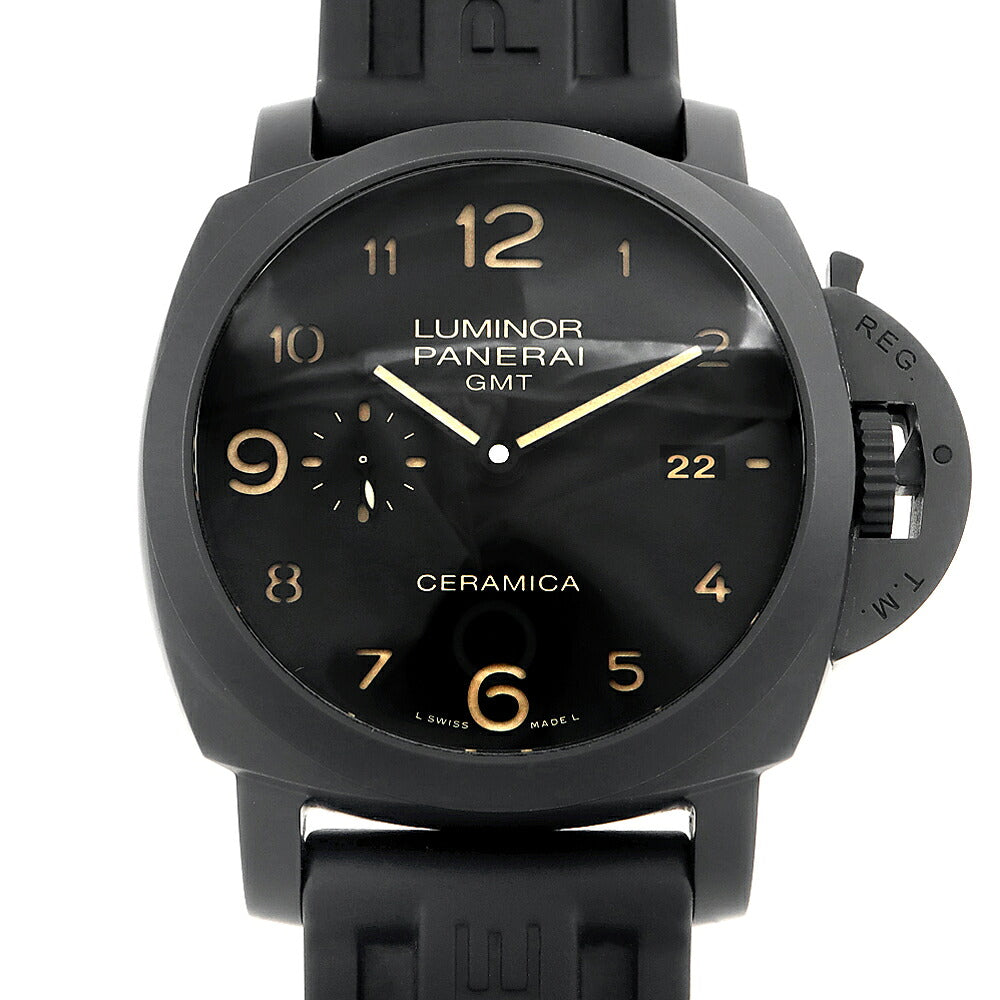 PANERAI パネライ ルミノール 1950 3デイズ GMT チェラミカ PAM00441 デイト スモールセコンド 100m防水 裏スケ 黒 ブラック CE セラミック Ti チタン 純正ベルト 純正尾錠 メンズ 自動巻き セラミカ【6ヶ月保証】【腕時計】【中古】