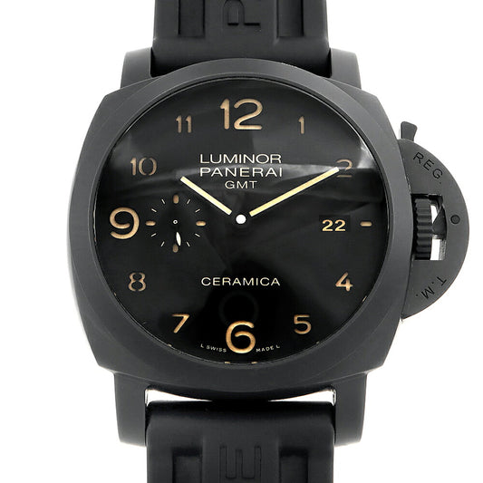 PANERAI パネライ ルミノール 1950 3デイズ GMT チェラミカ PAM00441 デイト スモールセコンド 100m防水 裏スケ 黒 ブラック CE セラミック Ti チタン 純正ベルト 純正尾錠 メンズ 自動巻き セラミカ【6ヶ月保証】【腕時計】【中古】
