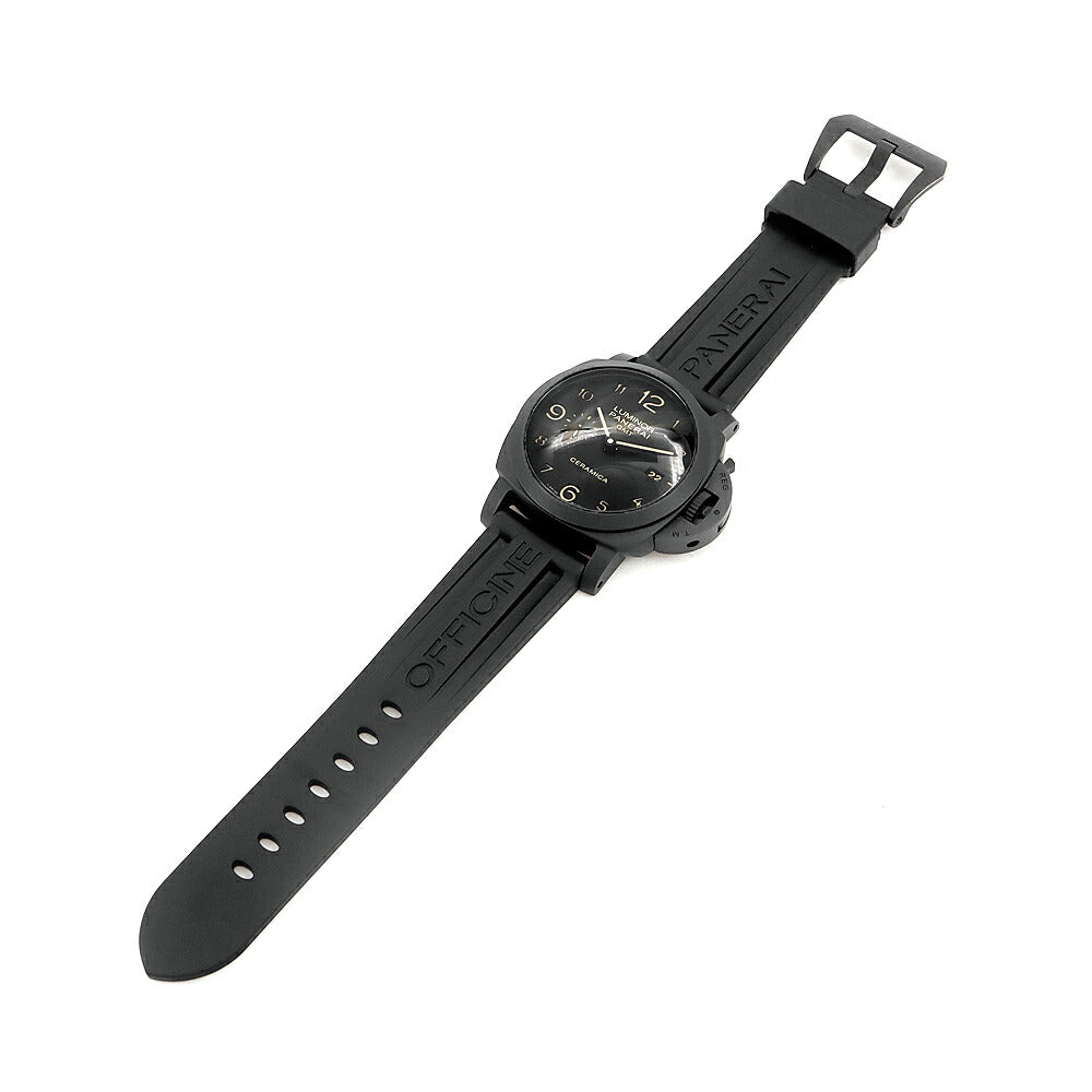 PANERAI パネライ ルミノール 1950 3デイズ GMT チェラミカ PAM00441 デイト スモールセコンド 100m防水 裏スケ 黒 ブラック CE セラミック Ti チタン 純正ベルト 純正尾錠 メンズ 自動巻き セラミカ【6ヶ月保証】【腕時計】【中古】