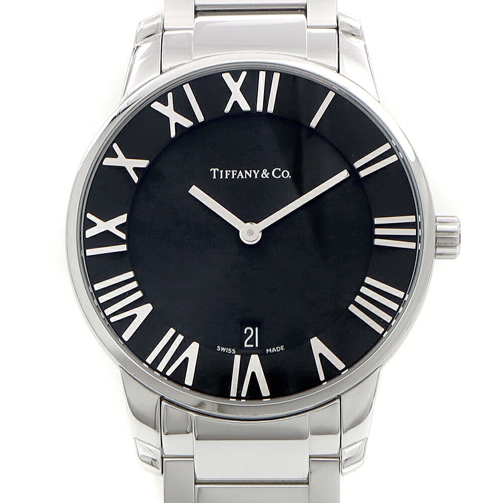 電池交換済 TIFFANY&Co. ティファニー アトラス ドーム デイト 50m防水 黒 ブラック SS ステンレス メンズ クォーツ【6ヶ月保証】【腕時計】【中古】