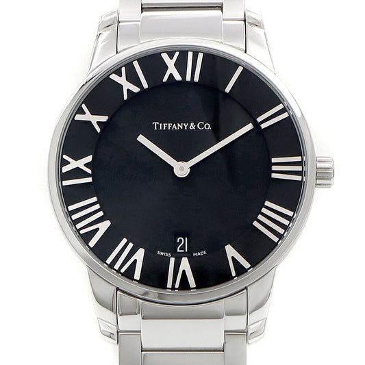 電池交換済 TIFFANY&Co. ティファニー アトラス ドーム デイト 50m防水 黒 ブラック SS ステンレス メンズ クォーツ【6ヶ月保証】【腕時計】【中古】