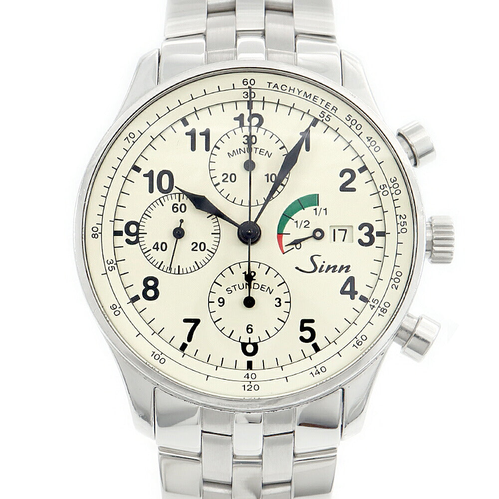 SINN ジン 956 クラシック 956.KLASSIK クロノグラフ 裏スケ スモールセコンド パワーリザーブ デイト タキメーター 100m防水 アイボリー SS ステンレス メンズ 自動巻き 【6ヶ月保証】【腕時計】【中古】