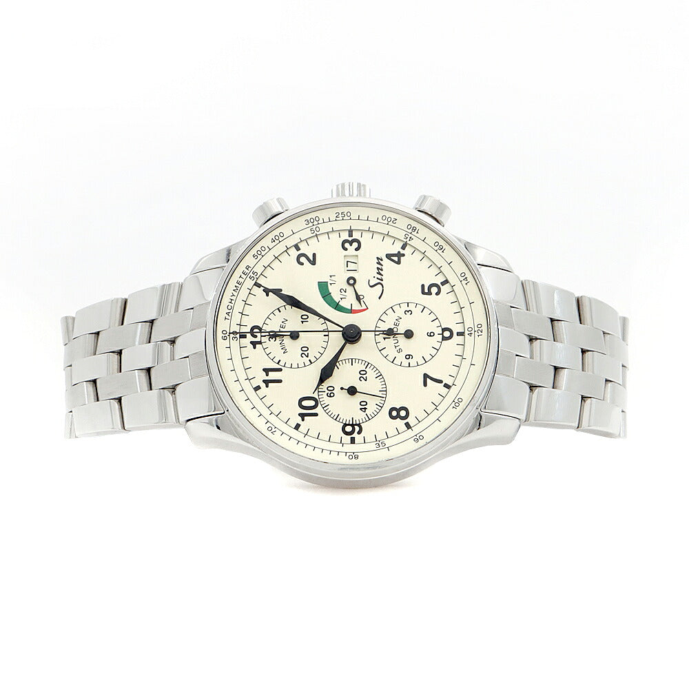 SINN ジン 956 クラシック 956.KLASSIK クロノグラフ 裏スケ スモールセコンド パワーリザーブ デイト タキメーター 100m防水 アイボリー SS ステンレス メンズ 自動巻き 【6ヶ月保証】【腕時計】【中古】