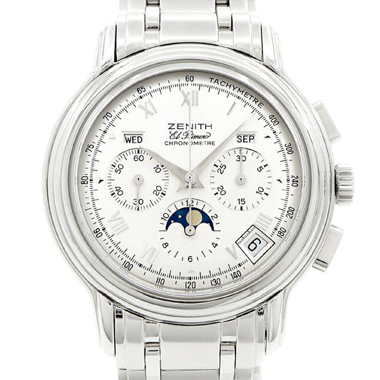 ZENITH ゼニス クロノマスター T エルプリメロ 02.0240.410 クロノグラフ ムーンフェイズ トリプルカレンダー 裏スケ シルバー SS ステンレス メンズ 自動巻き【6ヶ月保証】【腕時計】【中古】