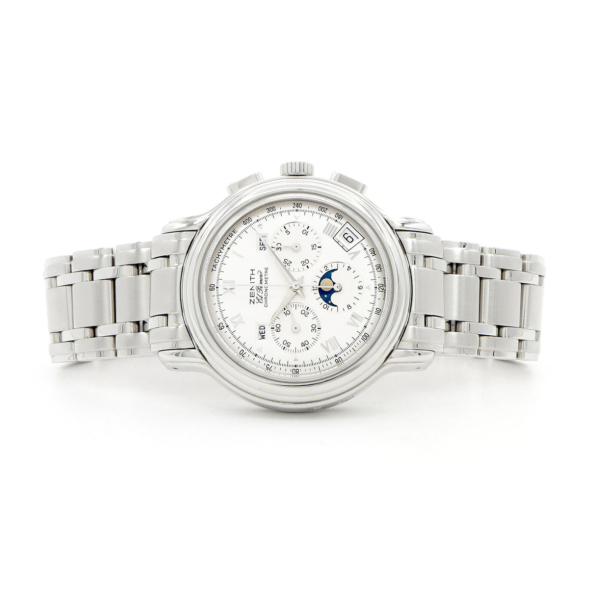 ZENITH ゼニス クロノマスター T エルプリメロ 02.0240.410 クロノグラフ ムーンフェイズ トリプルカレンダー 裏スケ シルバー SS ステンレス メンズ 自動巻き【6ヶ月保証】【腕時計】【中古】