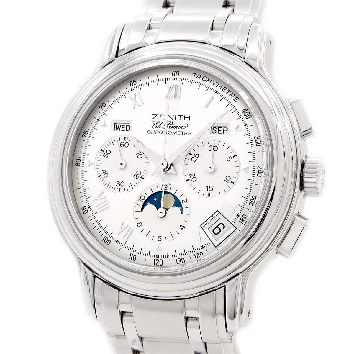 ZENITH ゼニス クロノマスター T エルプリメロ 02.0240.410 クロノグラフ ムーンフェイズ トリプルカレンダー 裏スケ シルバー SS ステンレス メンズ 自動巻き【6ヶ月保証】【腕時計】【中古】