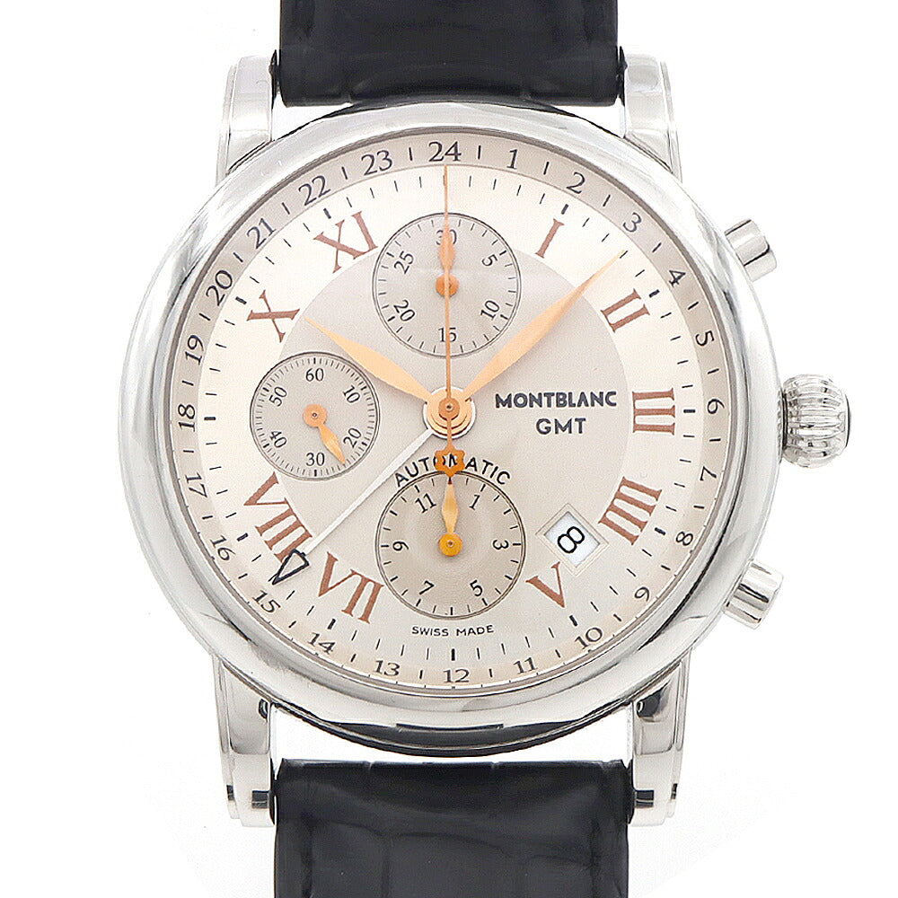 内部点検済 MONTBLANC モンブラン マイスターシュテュック GMT クロノグラフ 7067 M2936967 デイト 裏スケ 30m防水 シルバー SS ステンレス 純正ベルト 純正尾錠 メンズ 自動巻き【6ヶ月保証】【腕時計】【中古】