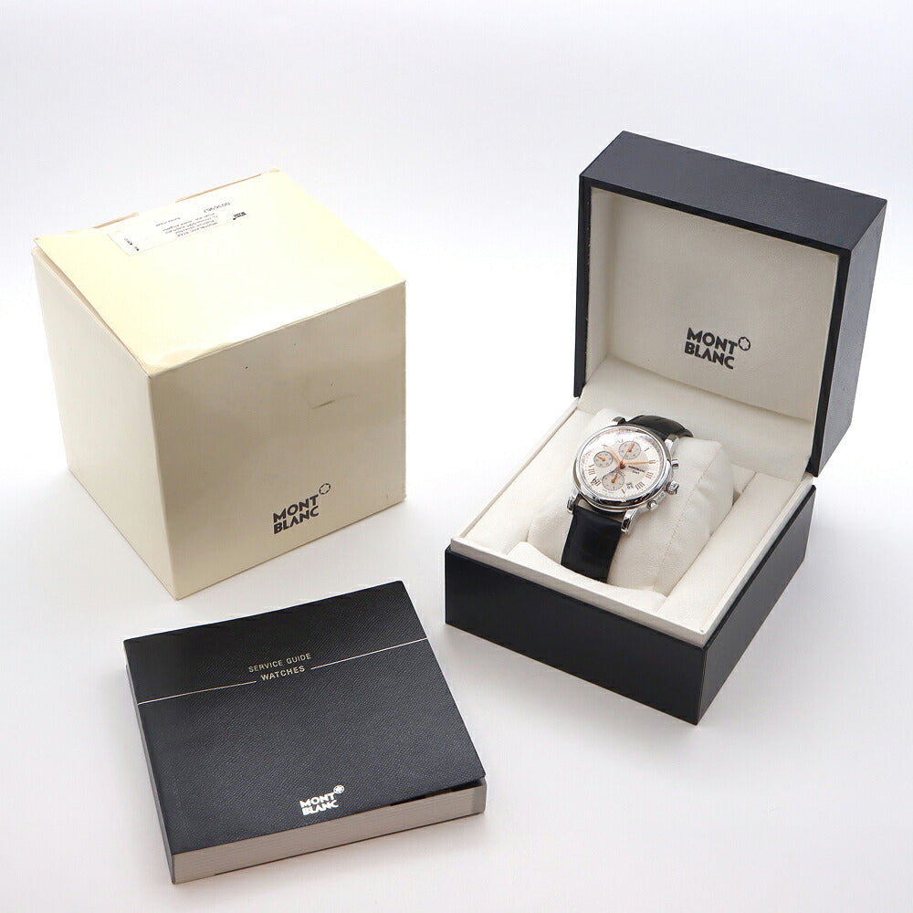 内部点検済 MONTBLANC モンブラン マイスターシュテュック GMT クロノグラフ 7067 M2936967 デイト 裏スケ 30m防水 シルバー SS ステンレス 純正ベルト 純正尾錠 メンズ 自動巻き【6ヶ月保証】【腕時計】【中古】