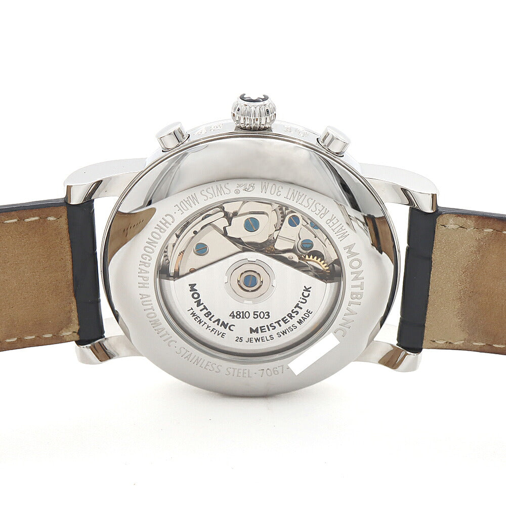 内部点検済 MONTBLANC モンブラン マイスターシュテュック GMT クロノグラフ 7067 M2936967 デイト 裏スケ 30m防水 シルバー SS ステンレス 純正ベルト 純正尾錠 メンズ 自動巻き【6ヶ月保証】【腕時計】【中古】