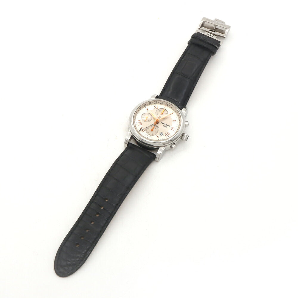 内部点検済 MONTBLANC モンブラン マイスターシュテュック GMT クロノグラフ 7067 M2936967 デイト 裏スケ 30m防水 シルバー SS ステンレス 純正ベルト 純正尾錠 メンズ 自動巻き【6ヶ月保証】【腕時計】【中古】