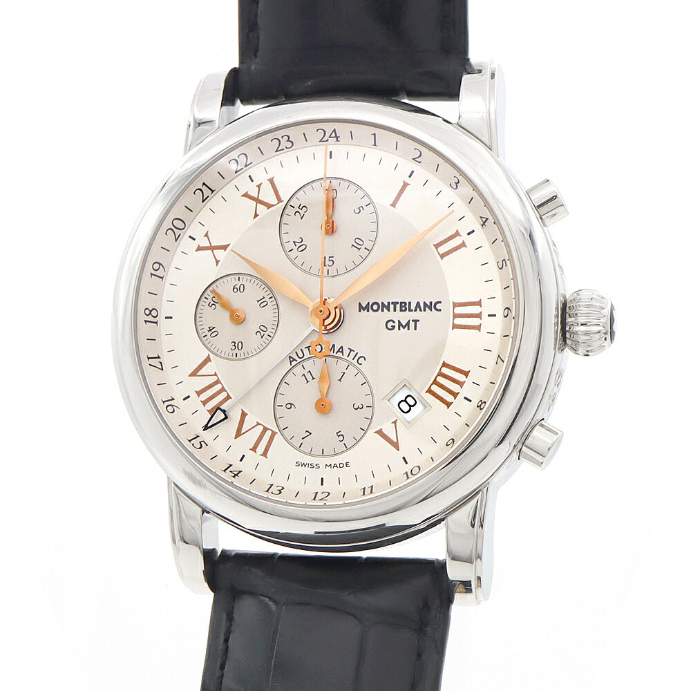 内部点検済 MONTBLANC モンブラン マイスターシュテュック GMT クロノグラフ 7067 M2936967 デイト 裏スケ 30m防水 シルバー SS ステンレス 純正ベルト 純正尾錠 メンズ 自動巻き【6ヶ月保証】【腕時計】【中古】