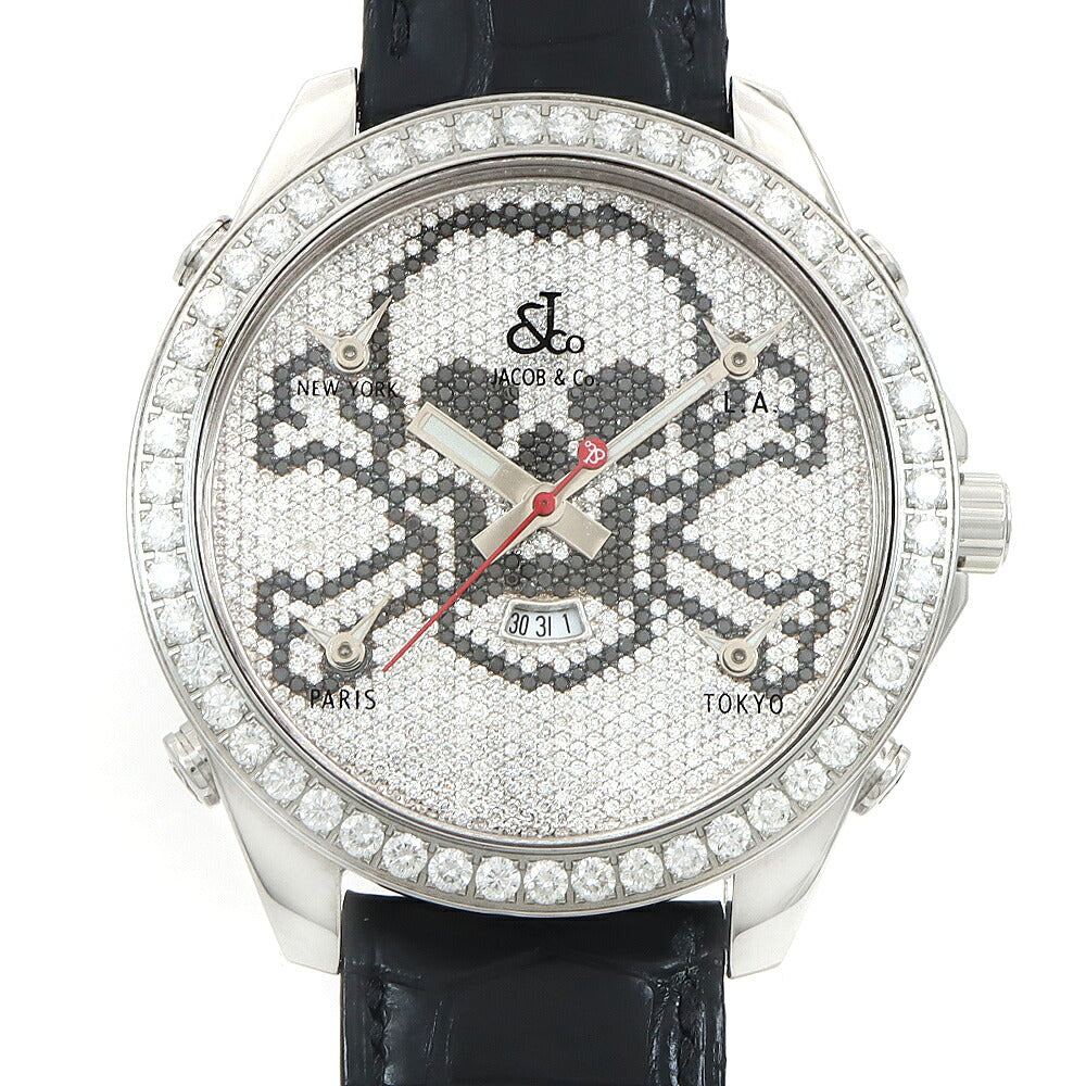 電池交換済 JACOB&Co. ジェイコブ Five Time Zone ファイブタイムゾーン スカル ダイヤベゼル JC-SKULLD ダイヤモンド ダイヤ文字盤 デイト 100m防水 SS ステンレス 純正尾錠 純正ベルト メンズ クォーツ 5タイム【6ヶ月保証】【腕時計】【中古】