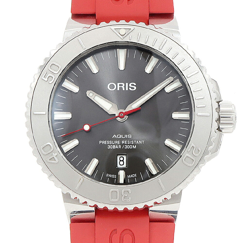 ORIS オリス アクイス デイト レリーフ 01 733 7730 4153 デイト 300m防水 裏スケ グレー SS ステンレス 純正ベルト 純正尾錠 メンズ 自動巻き【6ヶ月保証】【腕時計】【中古】