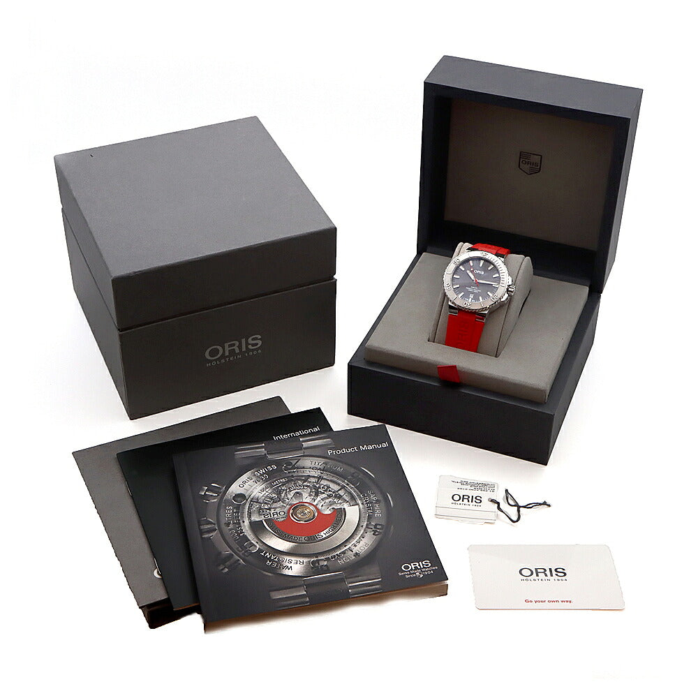 ORIS オリス アクイス デイト レリーフ 01 733 7730 4153 デイト 300m防水 裏スケ グレー SS ステンレス 純正ベルト 純正尾錠 メンズ 自動巻き【6ヶ月保証】【腕時計】【中古】