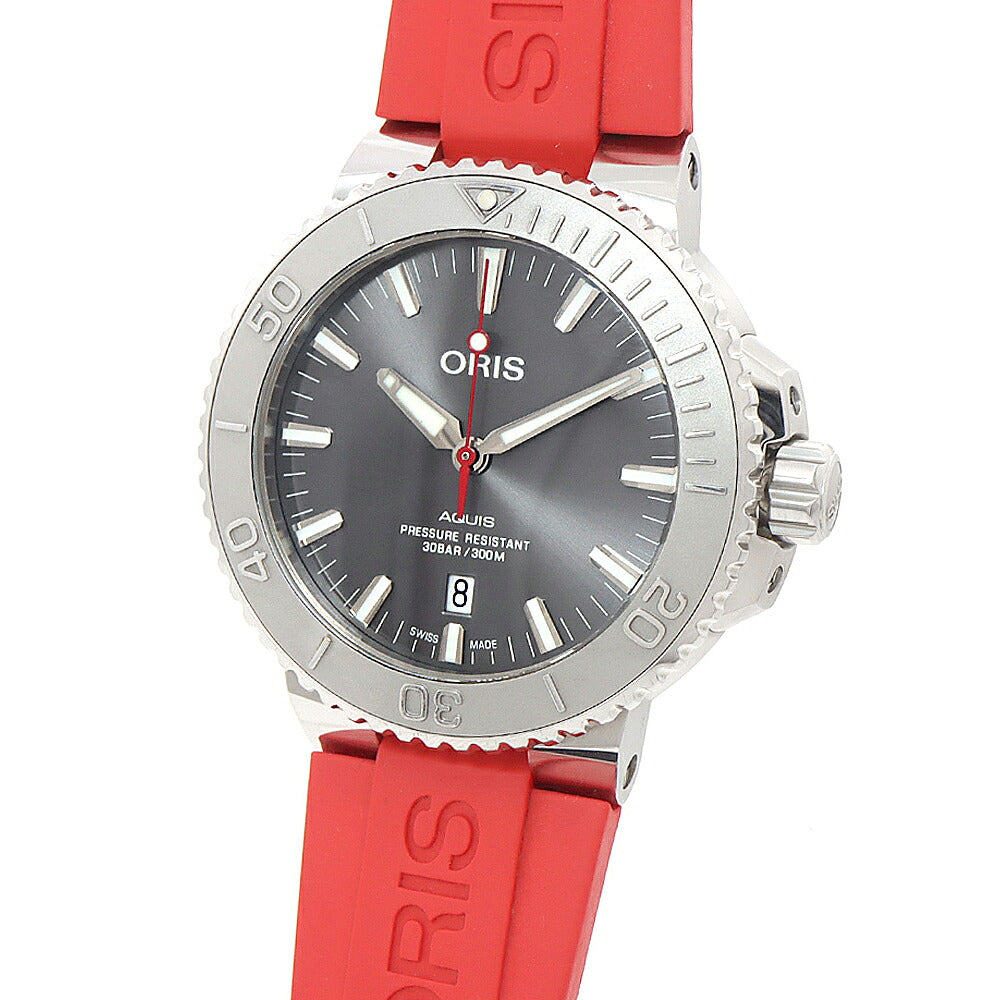 ORIS オリス アクイス デイト レリーフ 01 733 7730 4153 デイト 300m防水 裏スケ グレー SS ステンレス 純正ベルト 純正尾錠 メンズ 自動巻き【6ヶ月保証】【腕時計】【中古】