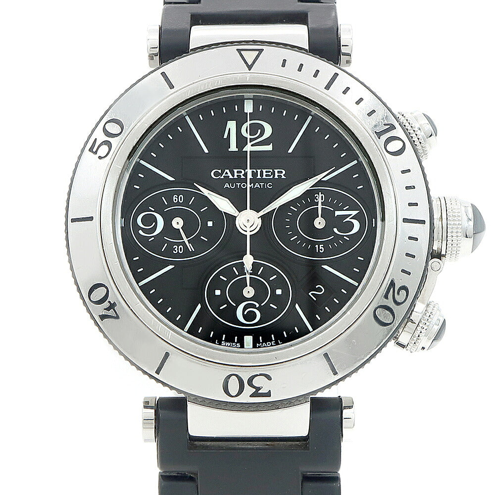 Cartier カルティエ パシャ シータイマー クロノグラフ W31088U2 デイト 100m防水 ブラック SS ステンレス メンズ 自動巻き【6ヶ月保証】【腕時計】【中古】