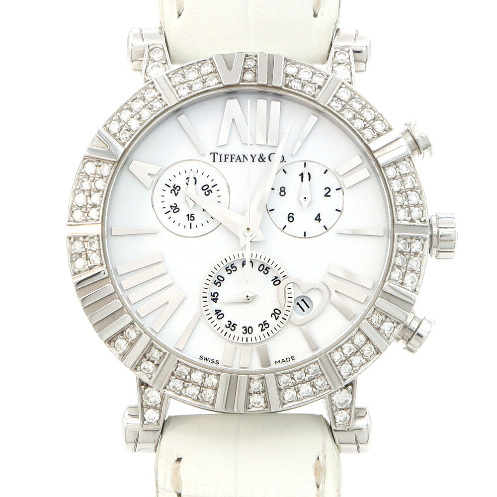 電池交換済 TIFFANY&Co. ティファニー アトラス クロノグラフ ダイヤベゼル Z1301.32.11A20A71A ダイヤモンド ラグダイヤ 30m防水 デイト 白 ホワイト SS ステンレス CE セラミック コンビ アフターダイヤ レディース クォーツ 【6ヶ月保証】【腕時計】【中古】