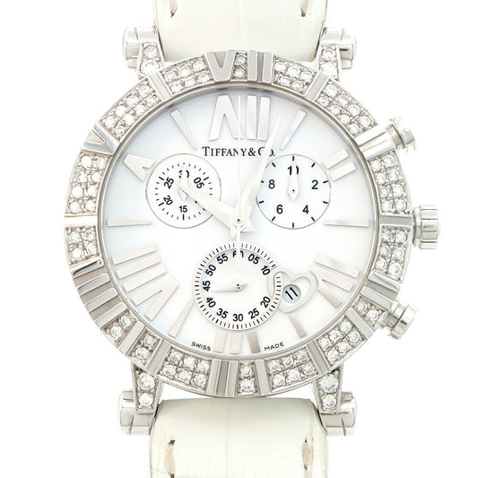 電池交換済 TIFFANY&Co. ティファニー アトラス クロノグラフ ダイヤベゼル Z1301.32.11A20A71A ダイヤモンド ラグダイヤ 30m防水 デイト 白 ホワイト SS ステンレス CE セラミック コンビ アフターダイヤ レディース クォーツ 【6ヶ月保証】【腕時計】【中古】
