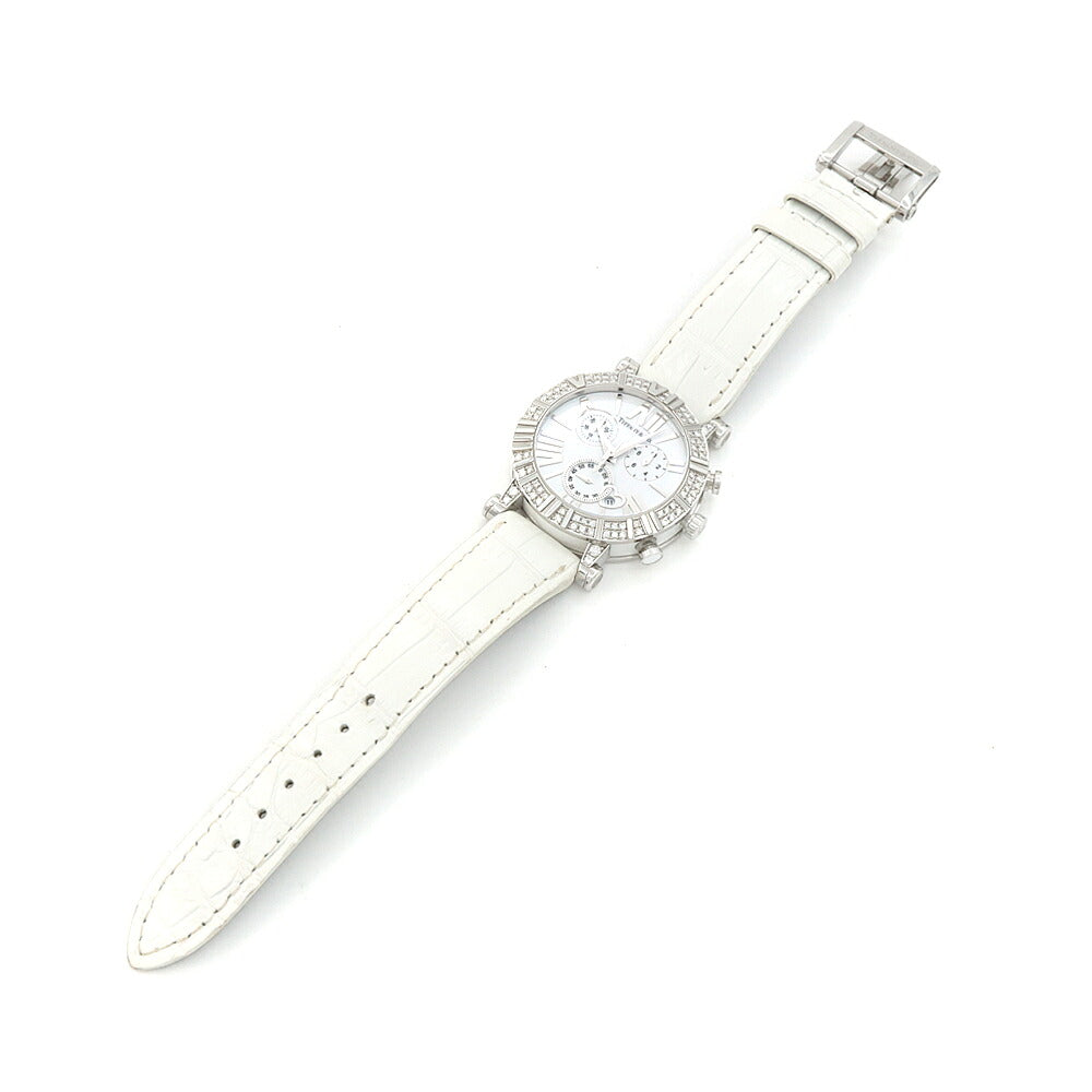 電池交換済 TIFFANY&Co. ティファニー アトラス クロノグラフ ダイヤベゼル Z1301.32.11A20A71A ダイヤモンド ラグダイヤ 30m防水 デイト 白 ホワイト SS ステンレス CE セラミック コンビ アフターダイヤ レディース クォーツ 【6ヶ月保証】【腕時計】【中古】