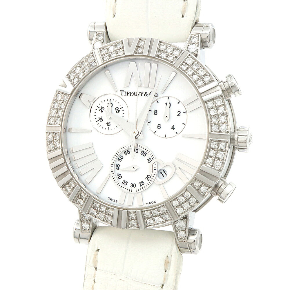 電池交換済 TIFFANY&Co. ティファニー アトラス クロノグラフ ダイヤベゼル Z1301.32.11A20A71A ダイヤモンド ラグダイヤ 30m防水 デイト 白 ホワイト SS ステンレス CE セラミック コンビ アフターダイヤ レディース クォーツ 【6ヶ月保証】【腕時計】【中古】