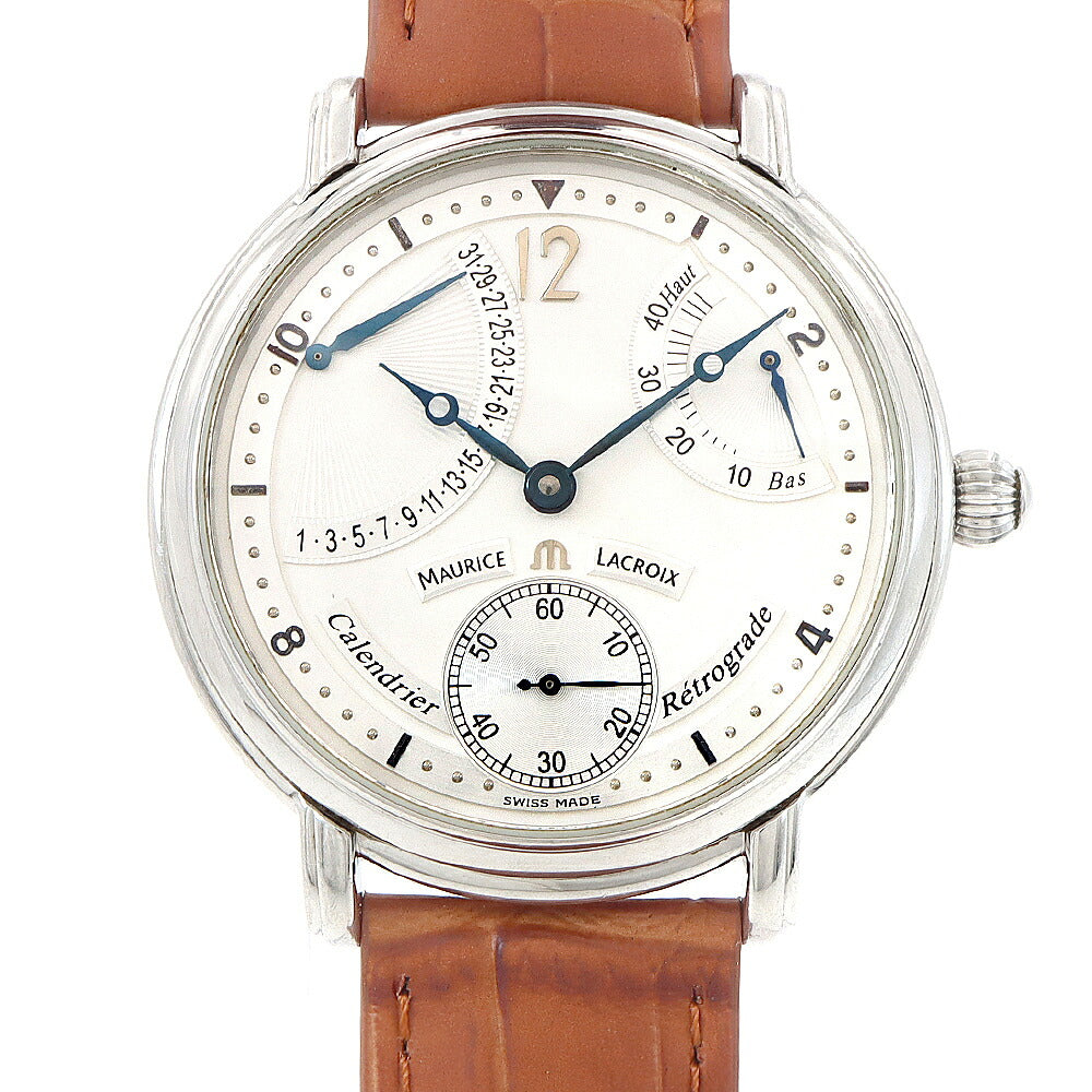 内部点検済 MAURICE LACROIX モーリスラクロア マスターピース カランドリエ レトログラード MP6198 MP6198.SS001191 デイト パワーリザーブ 裏スケ スモールセコンド シルバー SS ステンレス 純正尾錠 メンズ 手巻き【6ヶ月保証】【腕時計】【中古】