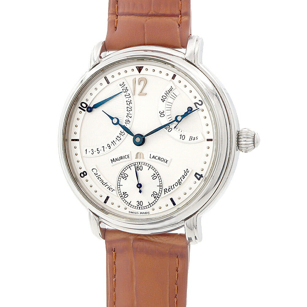 内部点検済 MAURICE LACROIX モーリスラクロア マスターピース カランドリエ レトログラード MP6198 MP6198.SS001191 デイト パワーリザーブ 裏スケ スモールセコンド シルバー SS ステンレス 純正尾錠 メンズ 手巻き【6ヶ月保証】【腕時計】【中古】