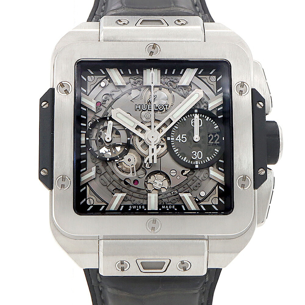 HUBLOT ウブロ スクエアバン ウニコ チタニウム クロノグラフ 821.NX.0170.RX デイト スモールセコンド シルバー スケルトン Ti チタン 純正ベルト 純正尾錠 メンズ 自動巻き【6ヶ月保証】【腕時計】【中古】