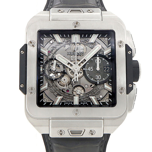 HUBLOT ウブロ スクエアバン ウニコ チタニウム クロノグラフ 821.NX.0170.RX デイト スモールセコンド シルバー スケルトン Ti チタン 純正ベルト 純正尾錠 メンズ 自動巻き【6ヶ月保証】【腕時計】【中古】