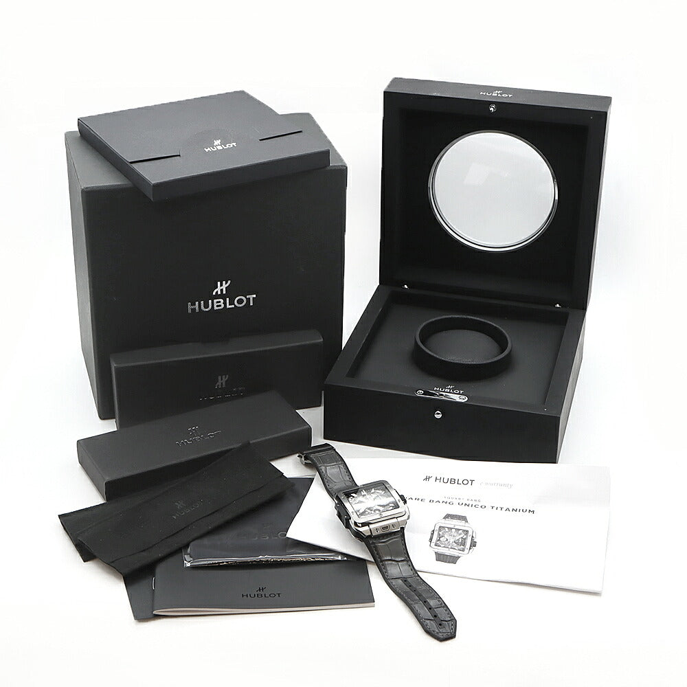 HUBLOT ウブロ スクエアバン ウニコ チタニウム クロノグラフ 821.NX.0170.RX デイト スモールセコンド シルバー スケルトン Ti チタン 純正ベルト 純正尾錠 メンズ 自動巻き【6ヶ月保証】【腕時計】【中古】