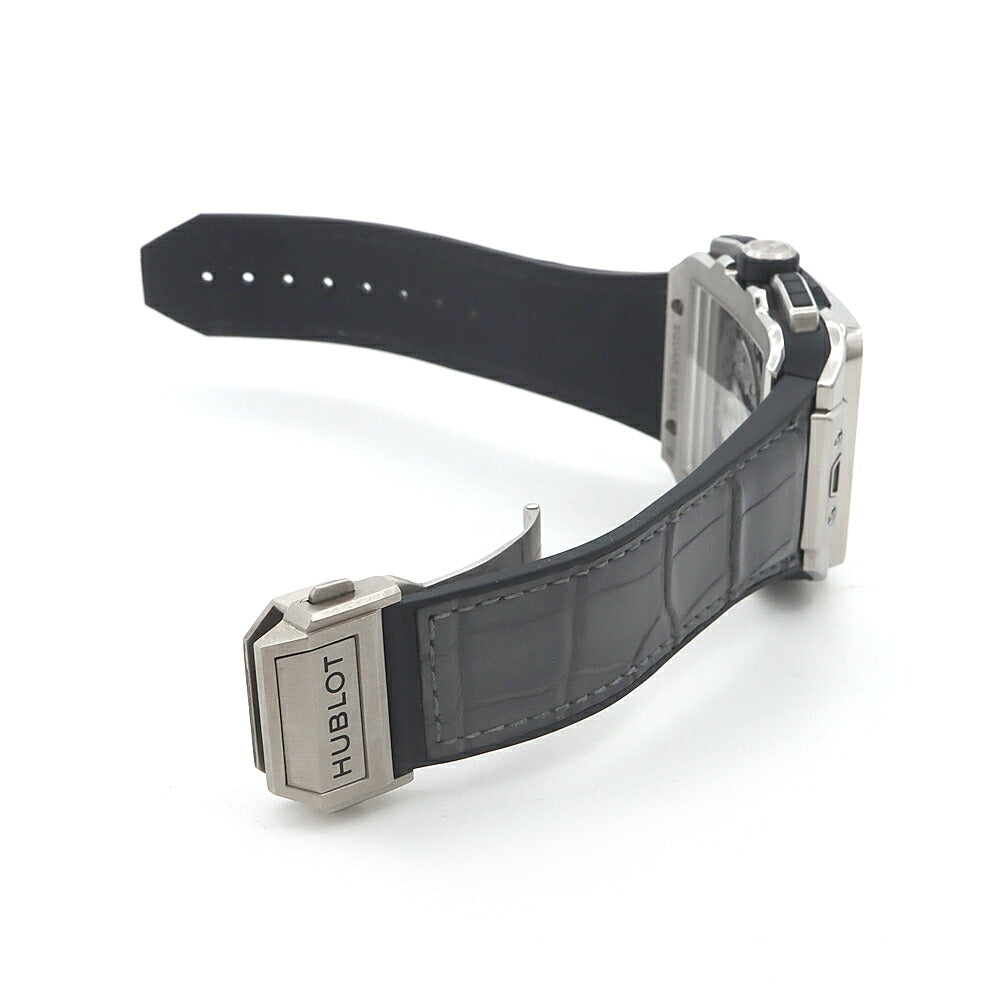 HUBLOT ウブロ スクエアバン ウニコ チタニウム クロノグラフ 821.NX.0170.RX デイト スモールセコンド シルバー スケルトン Ti チタン 純正ベルト 純正尾錠 メンズ 自動巻き【6ヶ月保証】【腕時計】【中古】